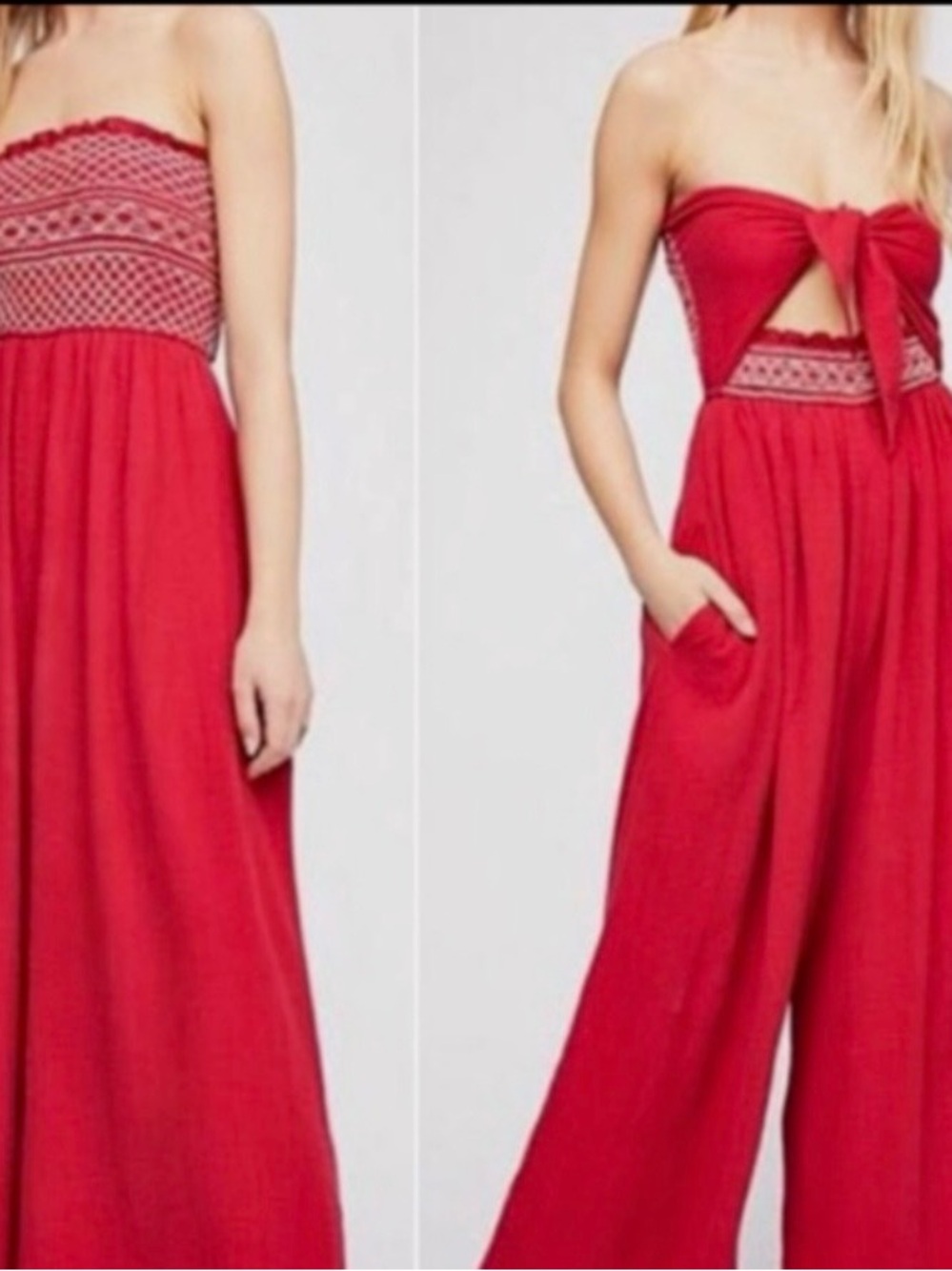 Free People Strapless Red Wide-Leg Jumpsuit with Embroidered Waist
